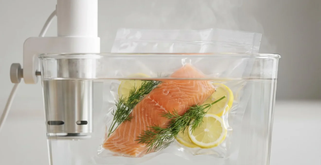 Sous-vide-Beutel mit frischem Lachs, Kräutern und Zitrone, eingetaucht in einem Wasserbad mit Zirkulator für präzises Garen.