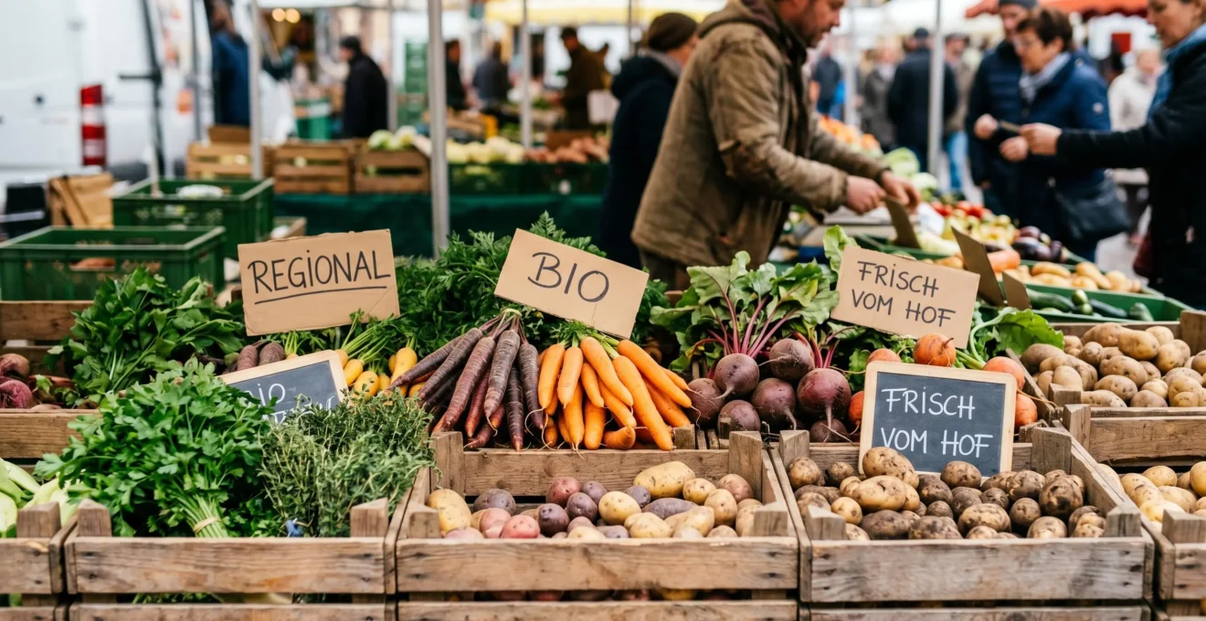 Deutscher Wochenmarktstand mit saisonalem Wurzelgemüse, frischen Kräutern und Schildern, die regionale und biologische Herkunft der Produkte anzeigen.